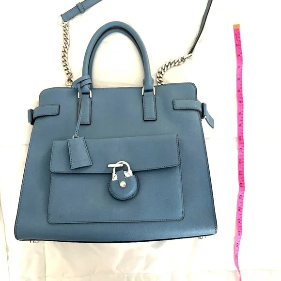Michael Kors Tote Bag Emma Satchel Shoulder Crossbody Blue Pockets Leather - Picture 6 of 14